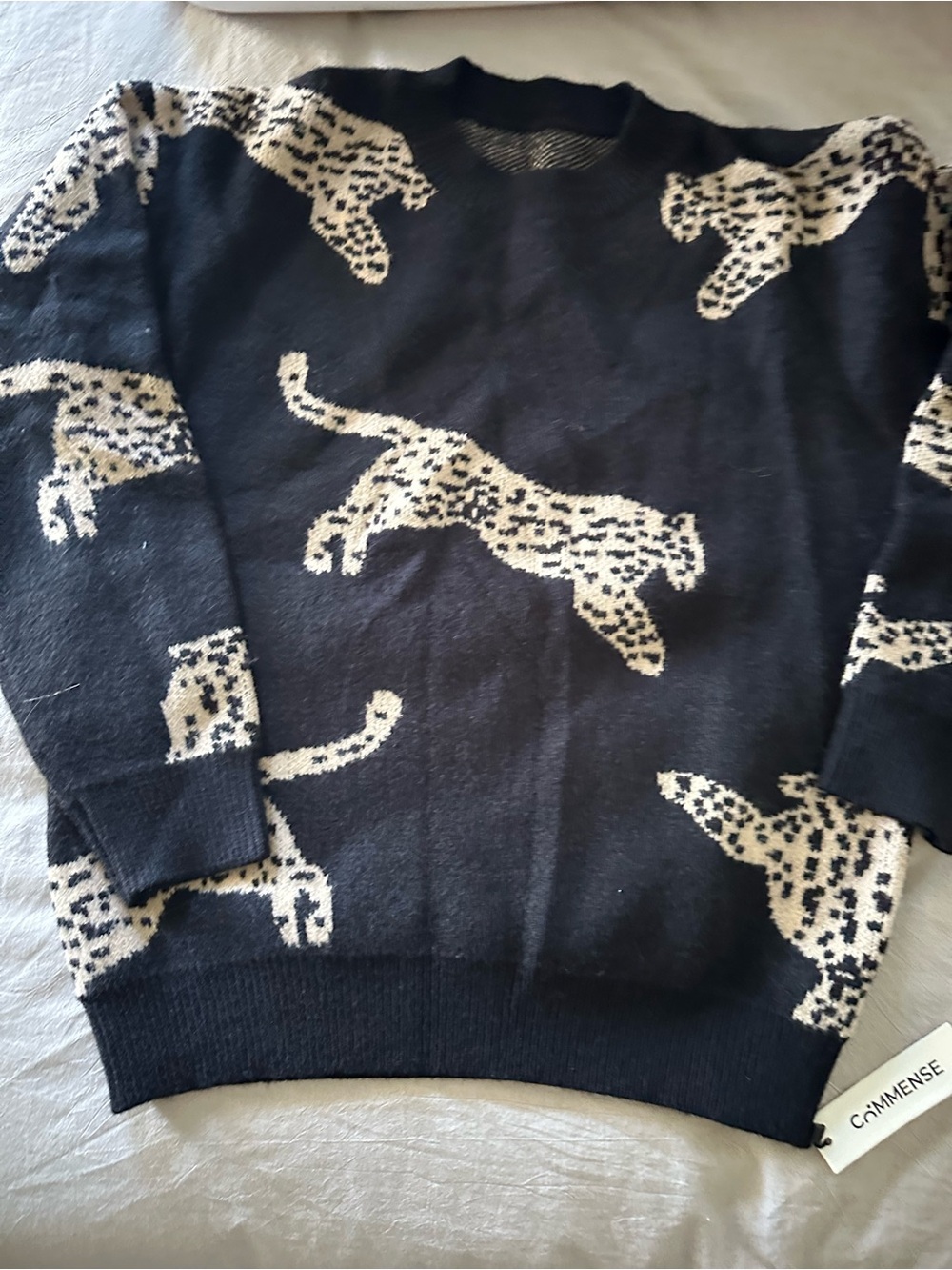 Commense Black and Cream Leopard-Print Crewneck Sweater